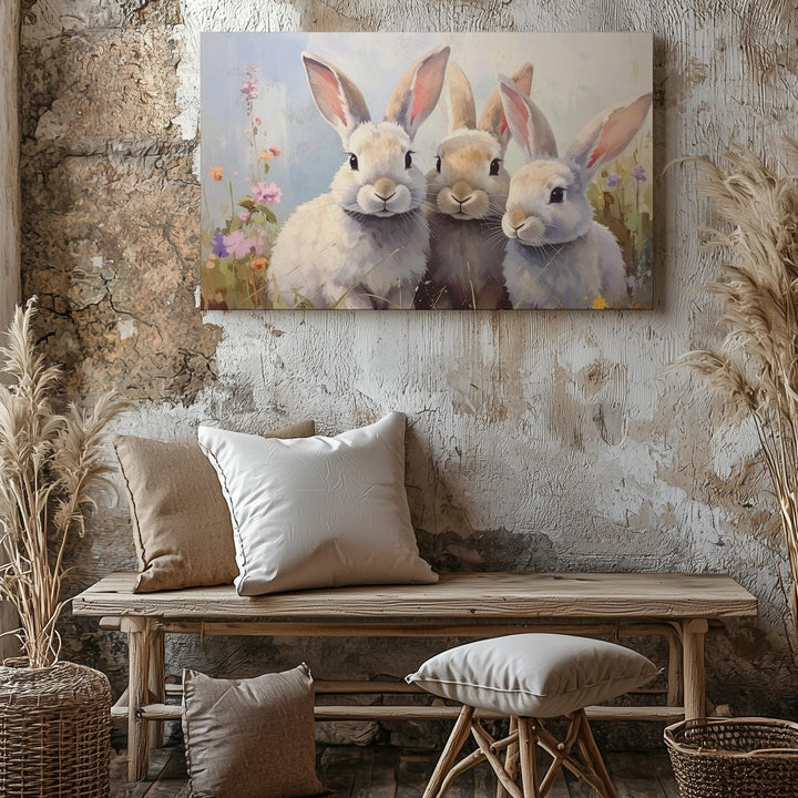 Pastel Bunnies in Meadow Canvas – Serene Spring Wall Art - Gifitto