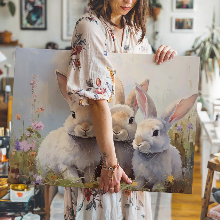 Pastel Bunnies in Meadow Canvas – Serene Spring Wall Art - Gifitto
