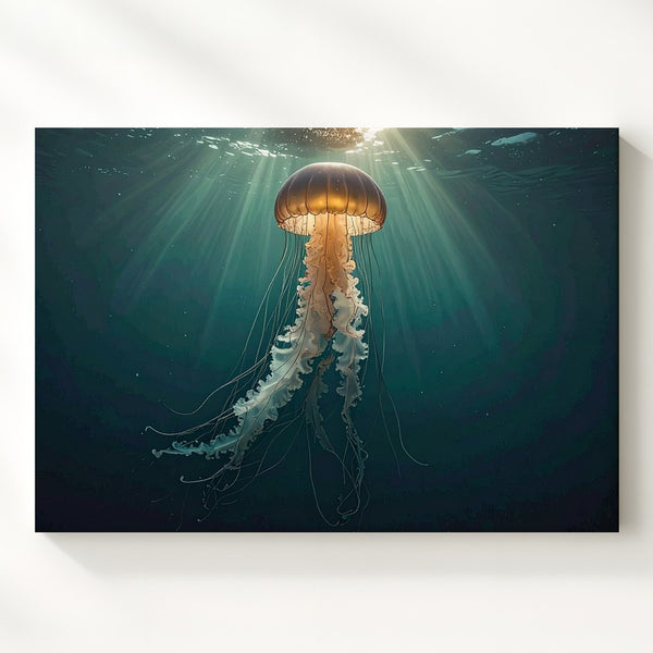 Golden Drift Jellyfish Canvas – Solitary Glow in Ocean Depth - Gifitto
