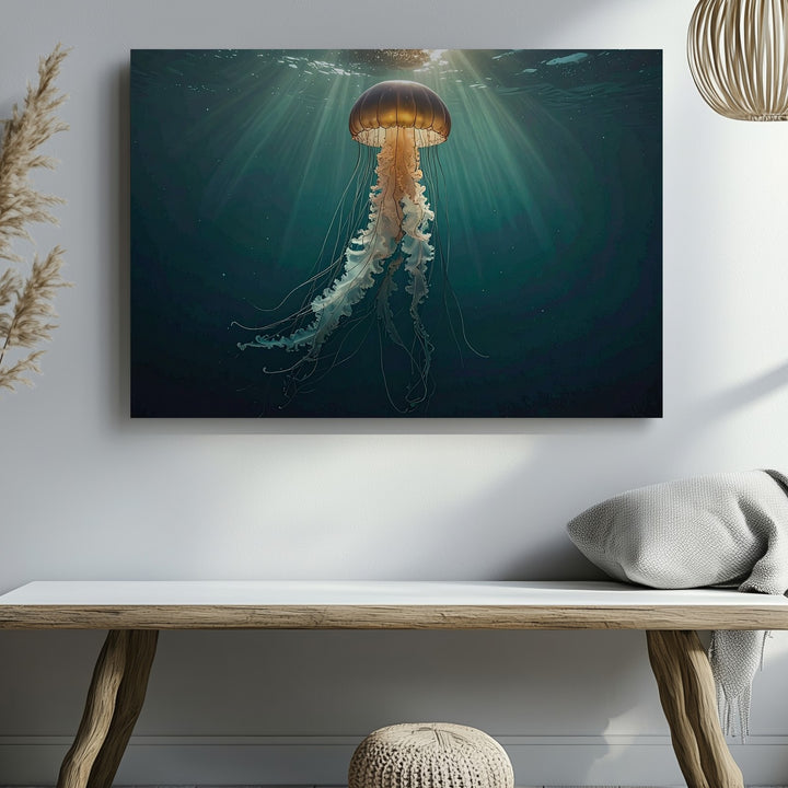Golden Drift Jellyfish Canvas – Solitary Glow in Ocean Depth - Gifitto