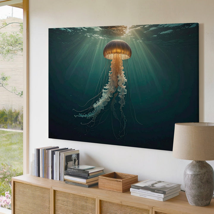 Golden Drift Jellyfish Canvas – Solitary Glow in Ocean Depth - Gifitto
