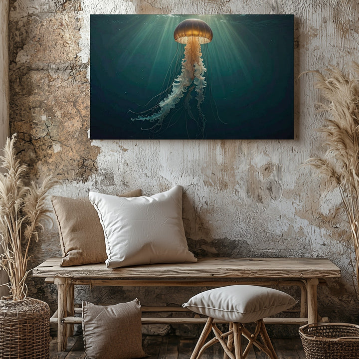 Golden Drift Jellyfish Canvas – Solitary Glow in Ocean Depth - Gifitto