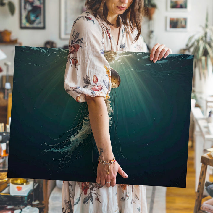 Golden Drift Jellyfish Canvas – Solitary Glow in Ocean Depth - Gifitto