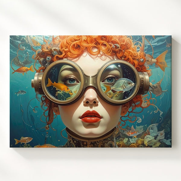 Goldfish Gaze Underwater Woman Canvas – Surreal Aquatic Fantasy Portrait - Gifitto