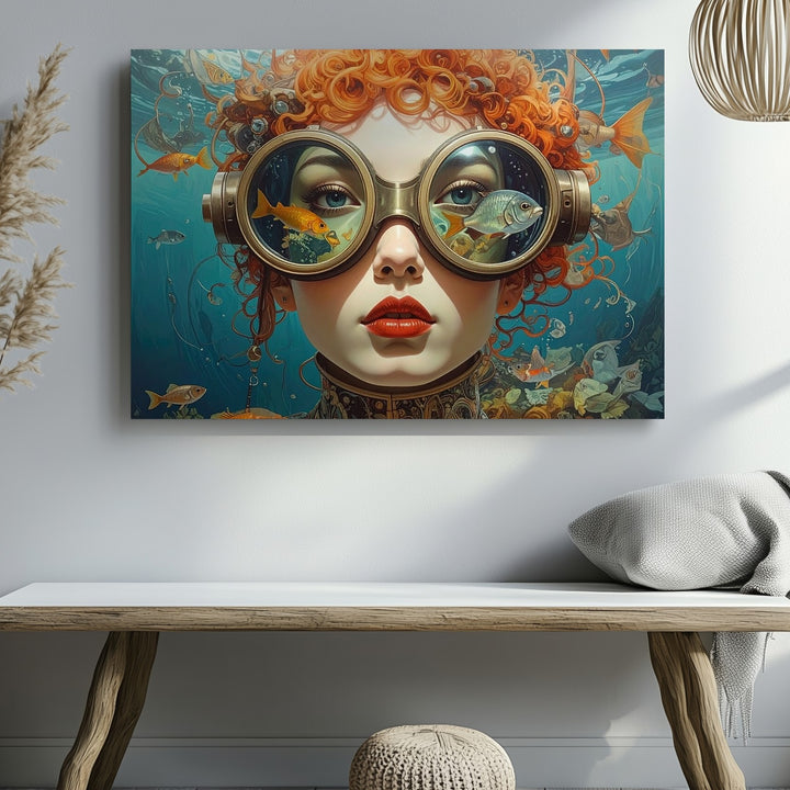 Goldfish Gaze Underwater Woman Canvas – Surreal Aquatic Fantasy Portrait - Gifitto