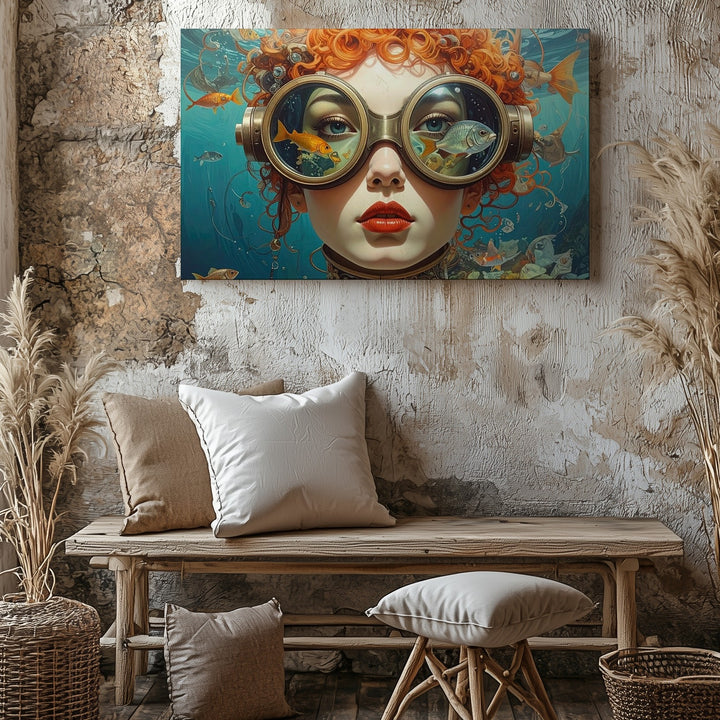 Goldfish Gaze Underwater Woman Canvas – Surreal Aquatic Fantasy Portrait - Gifitto