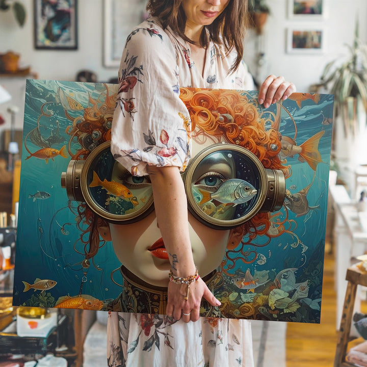 Goldfish Gaze Underwater Woman Canvas – Surreal Aquatic Fantasy Portrait - Gifitto