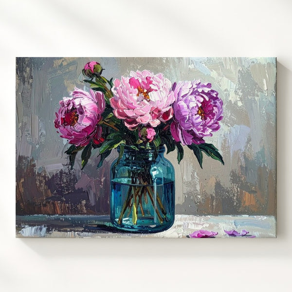 Rustic Peony Jar Canvas – Textured Impressionist Floral Still Life - Gifitto