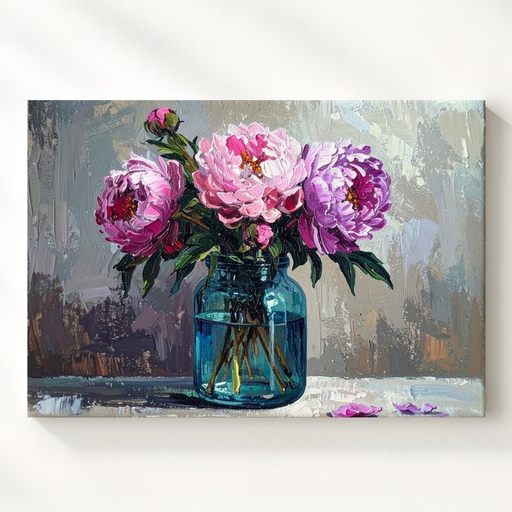 Rustic Peony Jar Canvas – Textured Impressionist Floral Still Life - Gifitto
