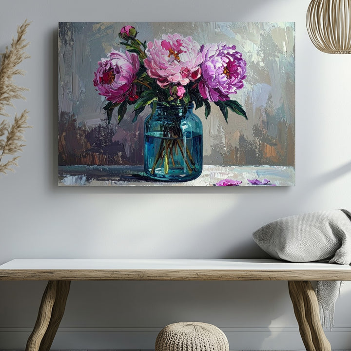 Rustic Peony Jar Canvas – Textured Impressionist Floral Still Life - Gifitto