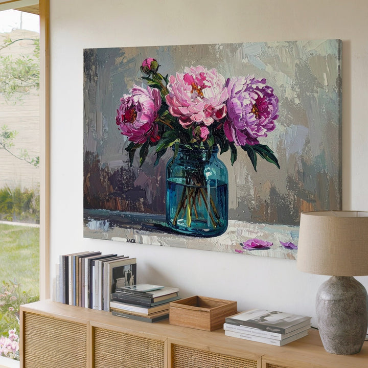 Rustic Peony Jar Canvas – Textured Impressionist Floral Still Life - Gifitto