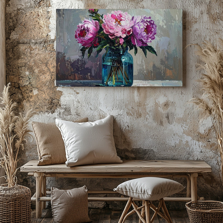 Rustic Peony Jar Canvas – Textured Impressionist Floral Still Life - Gifitto