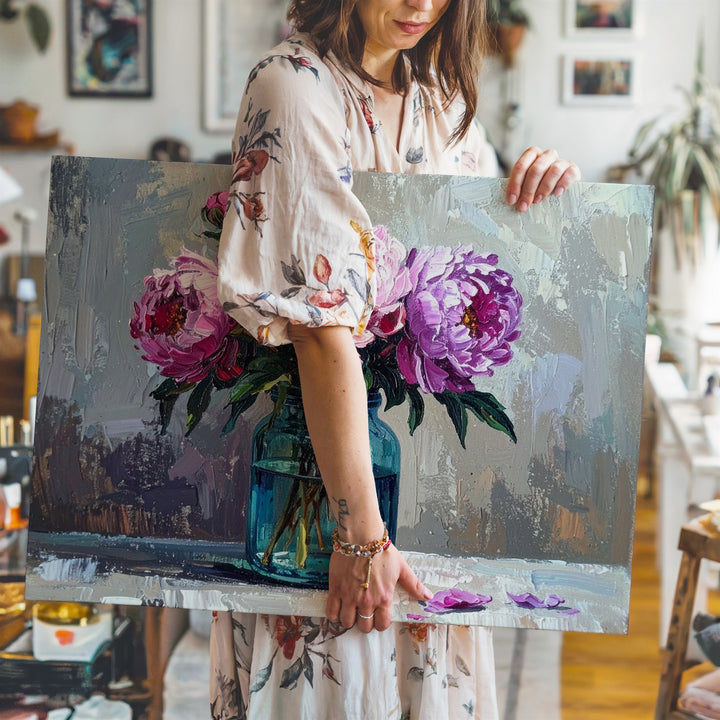 Rustic Peony Jar Canvas – Textured Impressionist Floral Still Life - Gifitto