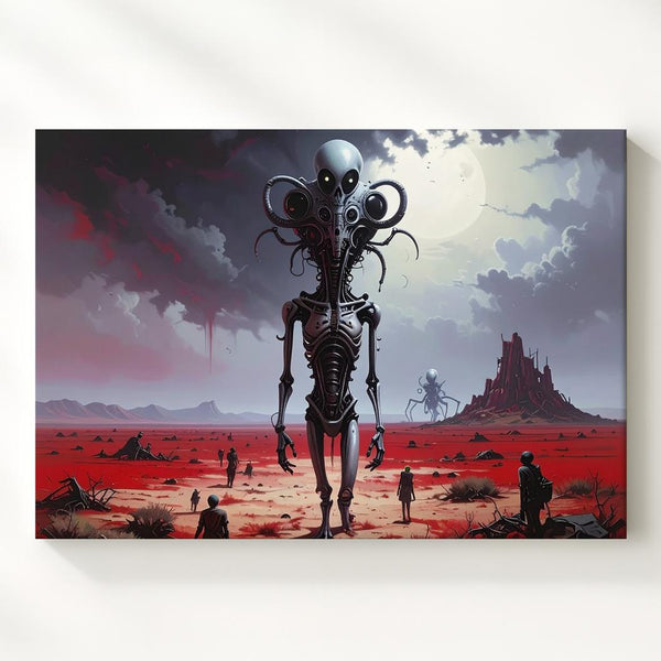 Alien Guardian Canvas – Towering Extraterrestrial and Blood-Red Landscape - Gifitto