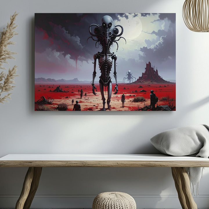 Alien Guardian Canvas – Towering Extraterrestrial and Blood-Red Landscape - Gifitto