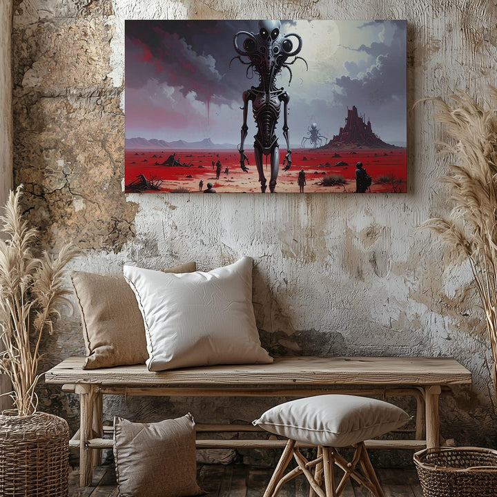 Alien Guardian Canvas – Towering Extraterrestrial and Blood-Red Landscape - Gifitto