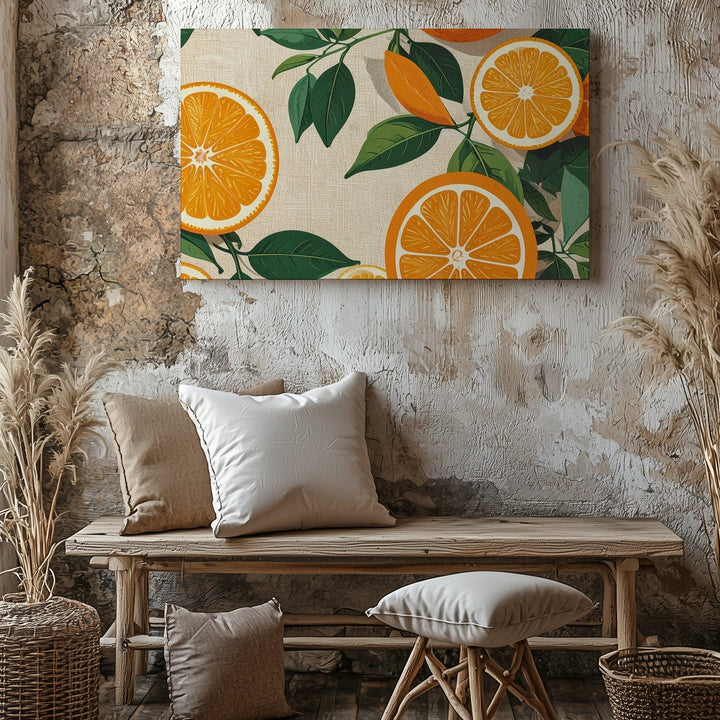 Retro Orange Slice Pattern Canvas – Graphic Citrus Grid on Linen Background - Gifitto