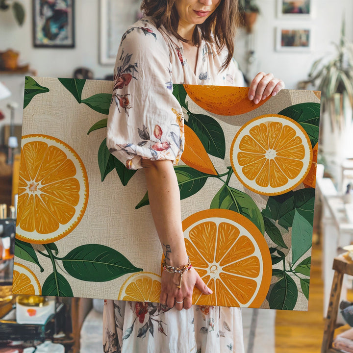 Retro Orange Slice Pattern Canvas – Graphic Citrus Grid on Linen Background - Gifitto