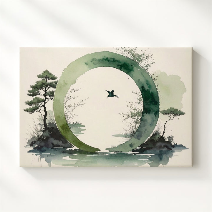 Green Enso & Bird Canvas – Zen Watercolor Nature Harmony Art - Gifitto