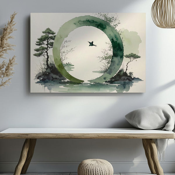 Green Enso & Bird Canvas – Zen Watercolor Nature Harmony Art - Gifitto