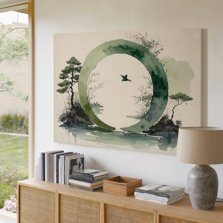 Green Enso & Bird Canvas – Zen Watercolor Nature Harmony Art - Gifitto