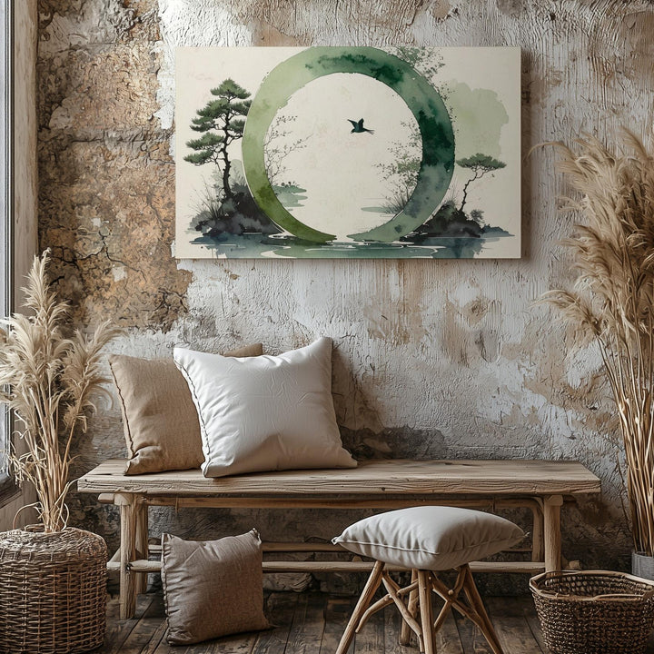 Green Enso & Bird Canvas – Zen Watercolor Nature Harmony Art - Gifitto