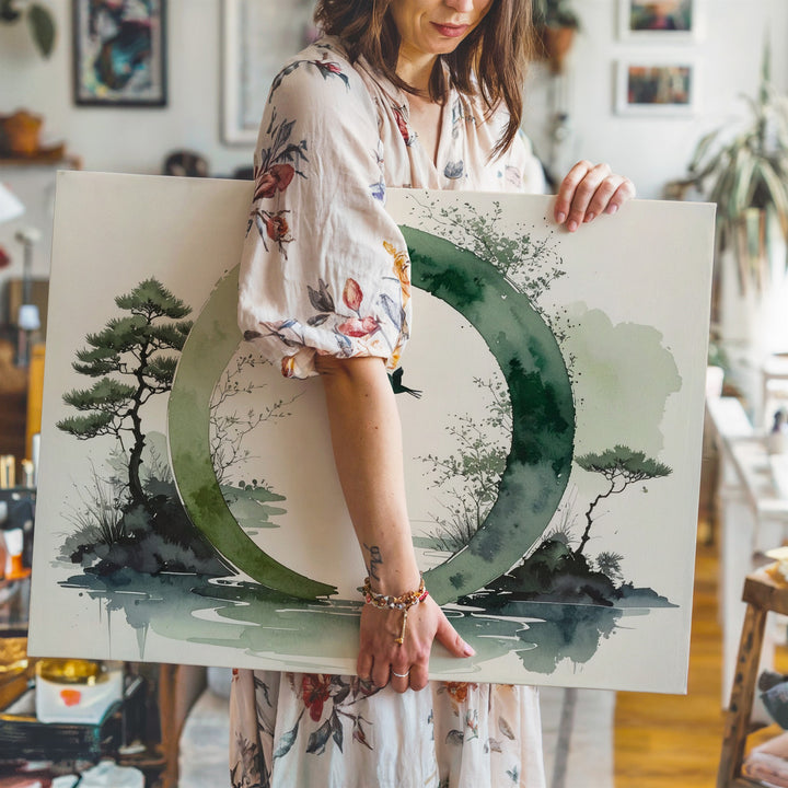 Green Enso & Bird Canvas – Zen Watercolor Nature Harmony Art - Gifitto