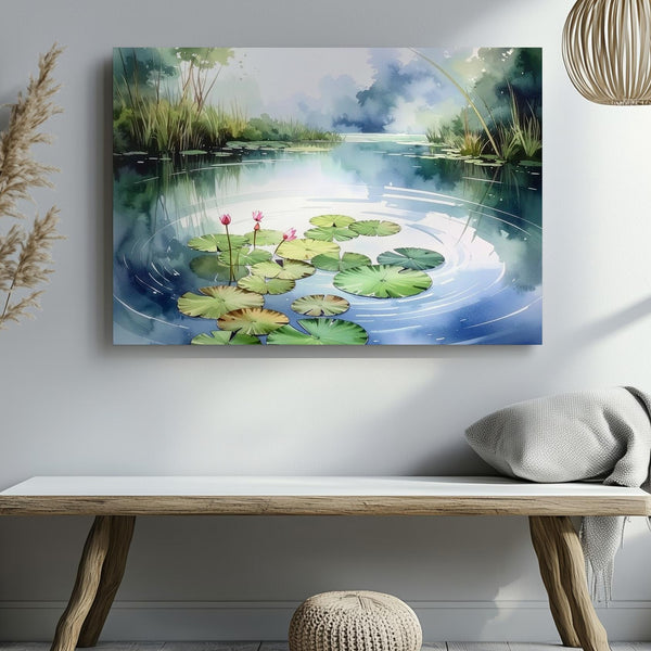 Lotus Pond Serenity Canvas – Minimalist Watercolor Nature Meditation Art - Gifitto