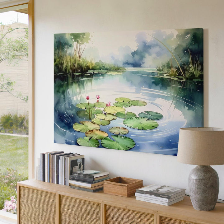 Lotus Pond Serenity Canvas – Minimalist Watercolor Nature Meditation Art - Gifitto