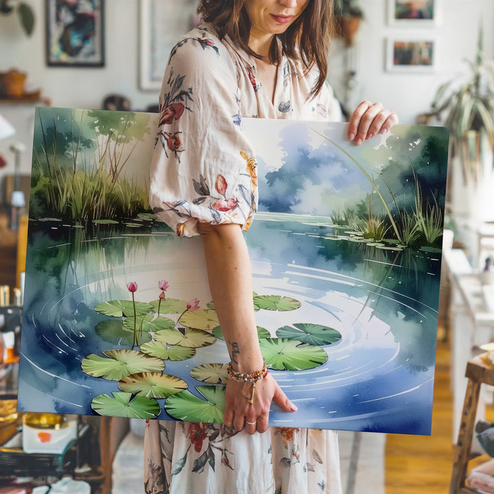 Lotus Pond Serenity Canvas – Minimalist Watercolor Nature Meditation Art - Gifitto