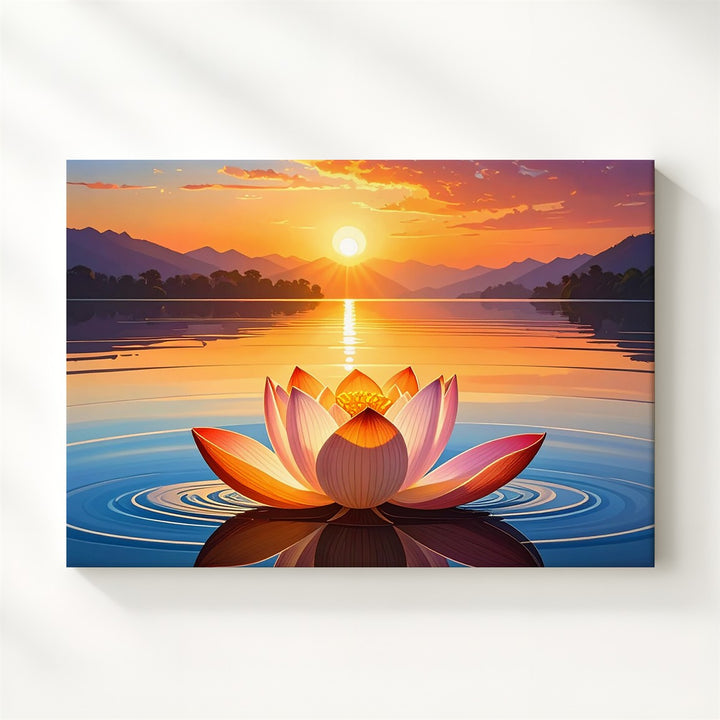 Sacred Sunset Lotus Canvas – Hyper-Realistic Symmetrical Lake Reflection Art - Gifitto