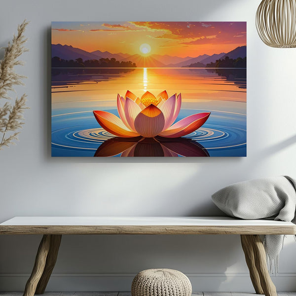 Sacred Sunset Lotus Canvas – Hyper-Realistic Symmetrical Lake Reflection Art - Gifitto