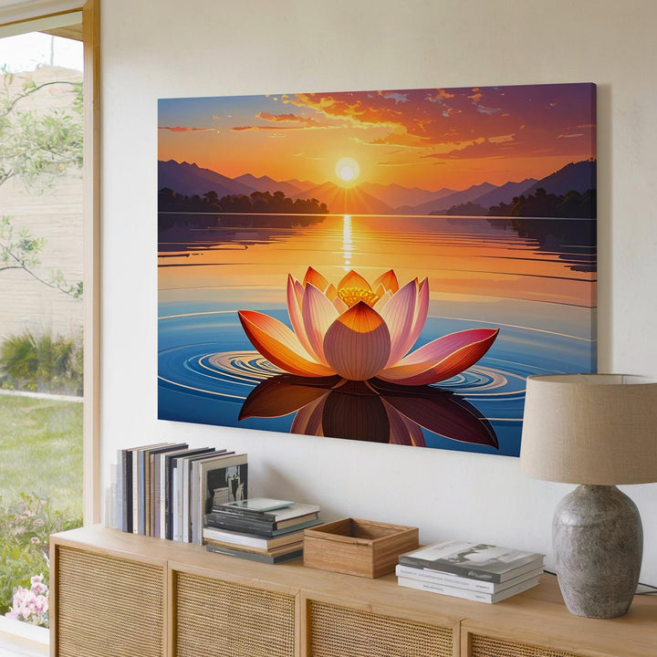 Sacred Sunset Lotus Canvas – Hyper-Realistic Symmetrical Lake Reflection Art - Gifitto