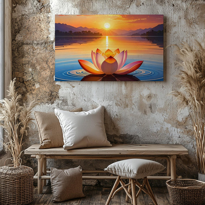 Sacred Sunset Lotus Canvas – Hyper-Realistic Symmetrical Lake Reflection Art - Gifitto