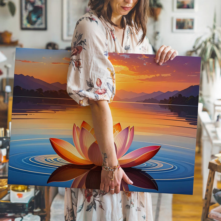 Sacred Sunset Lotus Canvas – Hyper-Realistic Symmetrical Lake Reflection Art - Gifitto