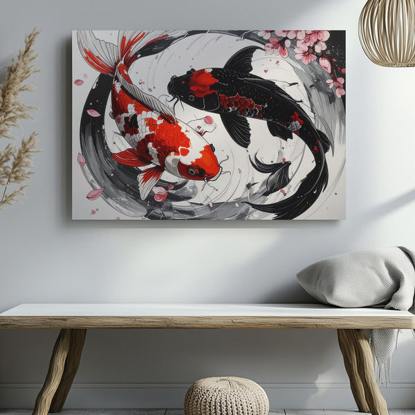 Yin-Yang Koi Fish Canvas – Stylized Harmony & Cherry Blossom Wall Art - Gifitto