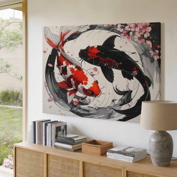 Yin-Yang Koi Fish Canvas – Stylized Harmony & Cherry Blossom Wall Art - Gifitto