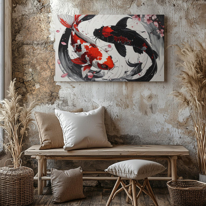 Yin-Yang Koi Fish Canvas – Stylized Harmony & Cherry Blossom Wall Art - Gifitto