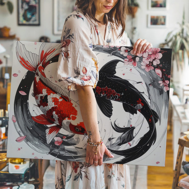 Yin-Yang Koi Fish Canvas – Stylized Harmony & Cherry Blossom Wall Art - Gifitto