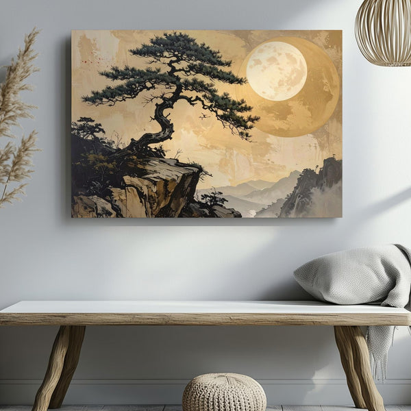 Windswept Pine & Moon Canvas – Minimalist East Asian Resilience Art - Gifitto