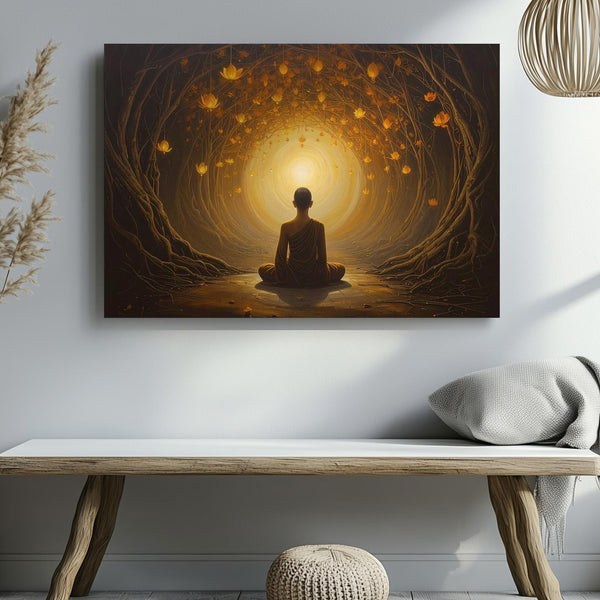 Golden Meditation Sanctuary Canvas – Mystical Enlightenment & Lotus Light Art - Gifitto