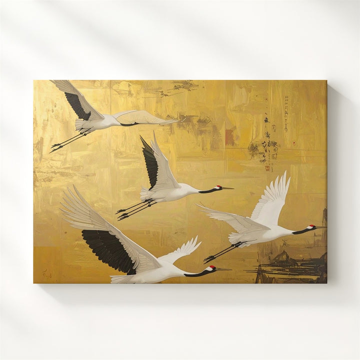 Golden Sky Cranes Canvas – Minimalist East Asian Flight & Harmony Art - Gifitto