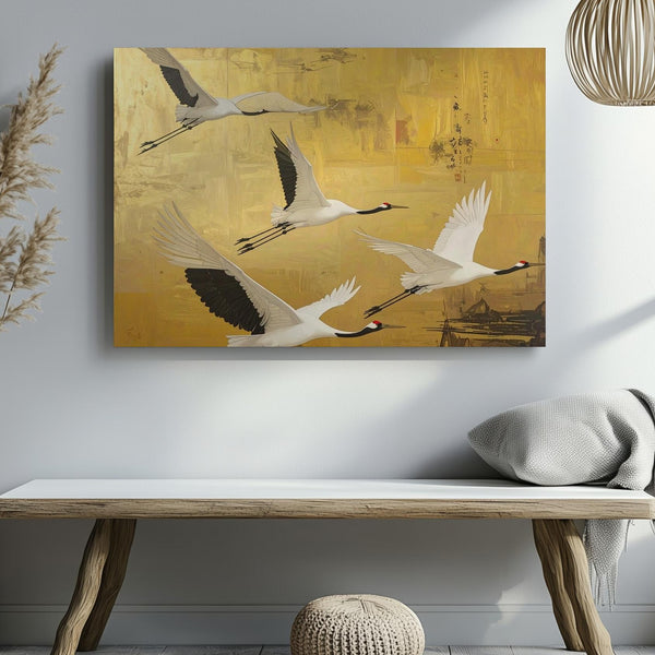 Golden Sky Cranes Canvas – Minimalist East Asian Flight & Harmony Art - Gifitto
