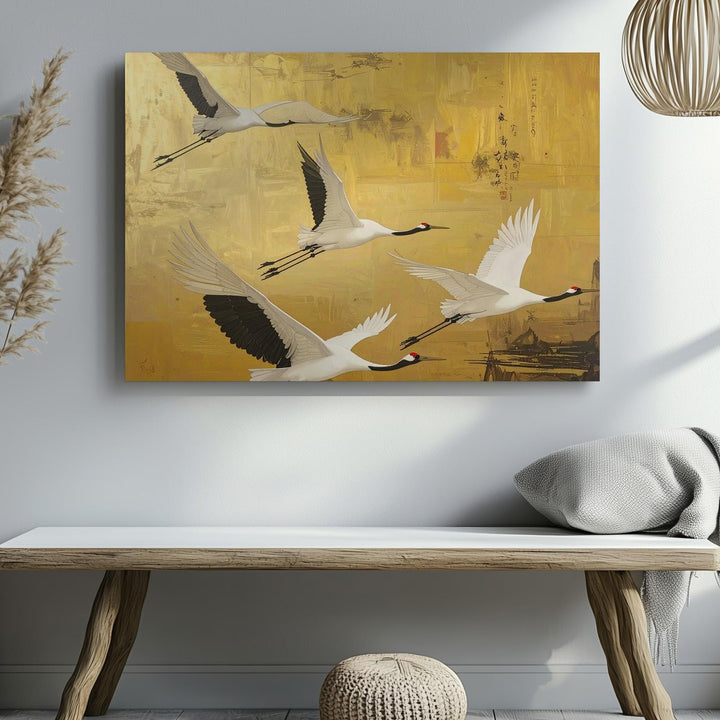 Golden Sky Cranes Canvas – Minimalist East Asian Flight & Harmony Art - Gifitto