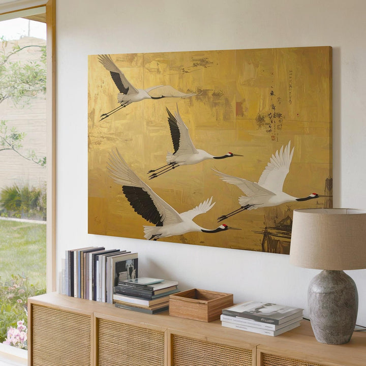 Golden Sky Cranes Canvas – Minimalist East Asian Flight & Harmony Art - Gifitto
