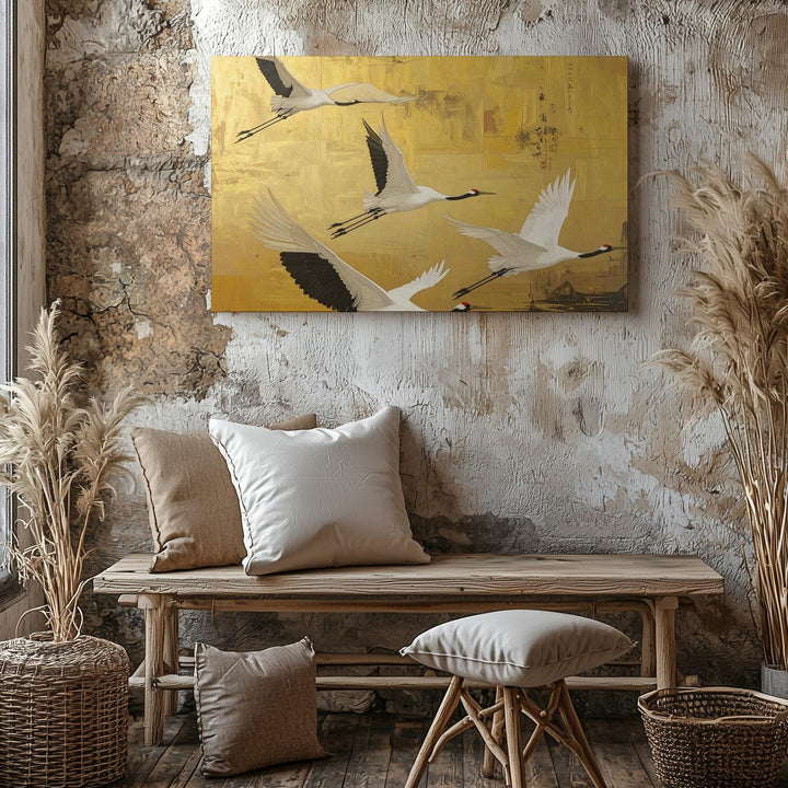 Golden Sky Cranes Canvas – Minimalist East Asian Flight & Harmony Art - Gifitto