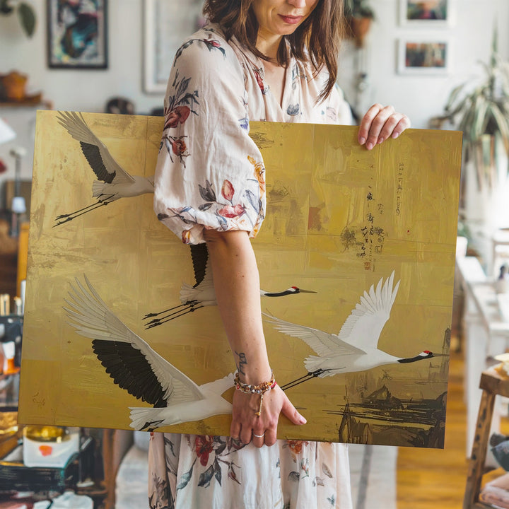 Golden Sky Cranes Canvas – Minimalist East Asian Flight & Harmony Art - Gifitto