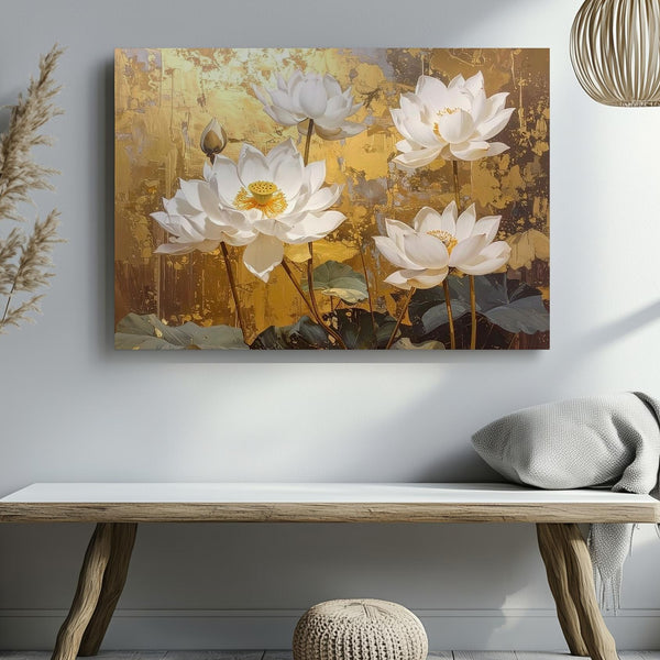Golden Lotus Bloom Canvas – Traditional East Asian Floral Elegance Art - Gifitto