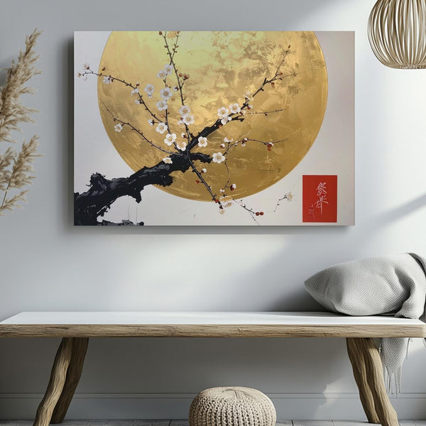 Golden Sun & Plum Blossom Canvas – Minimalist Japanese Ink Elegance Art - Gifitto