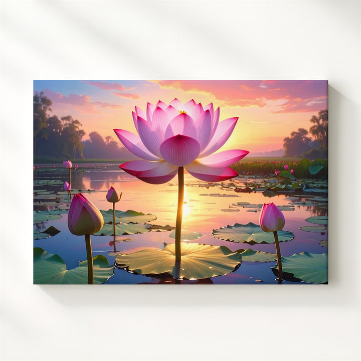 Sunset Lotus Reflection Canvas – Spiritual Pond Serenity & Light Art - Gifitto